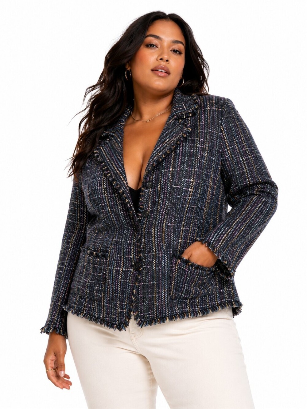 Sag Harbor Tweed Jacket 20W Fringe Trim Multicolor Textured Blazer